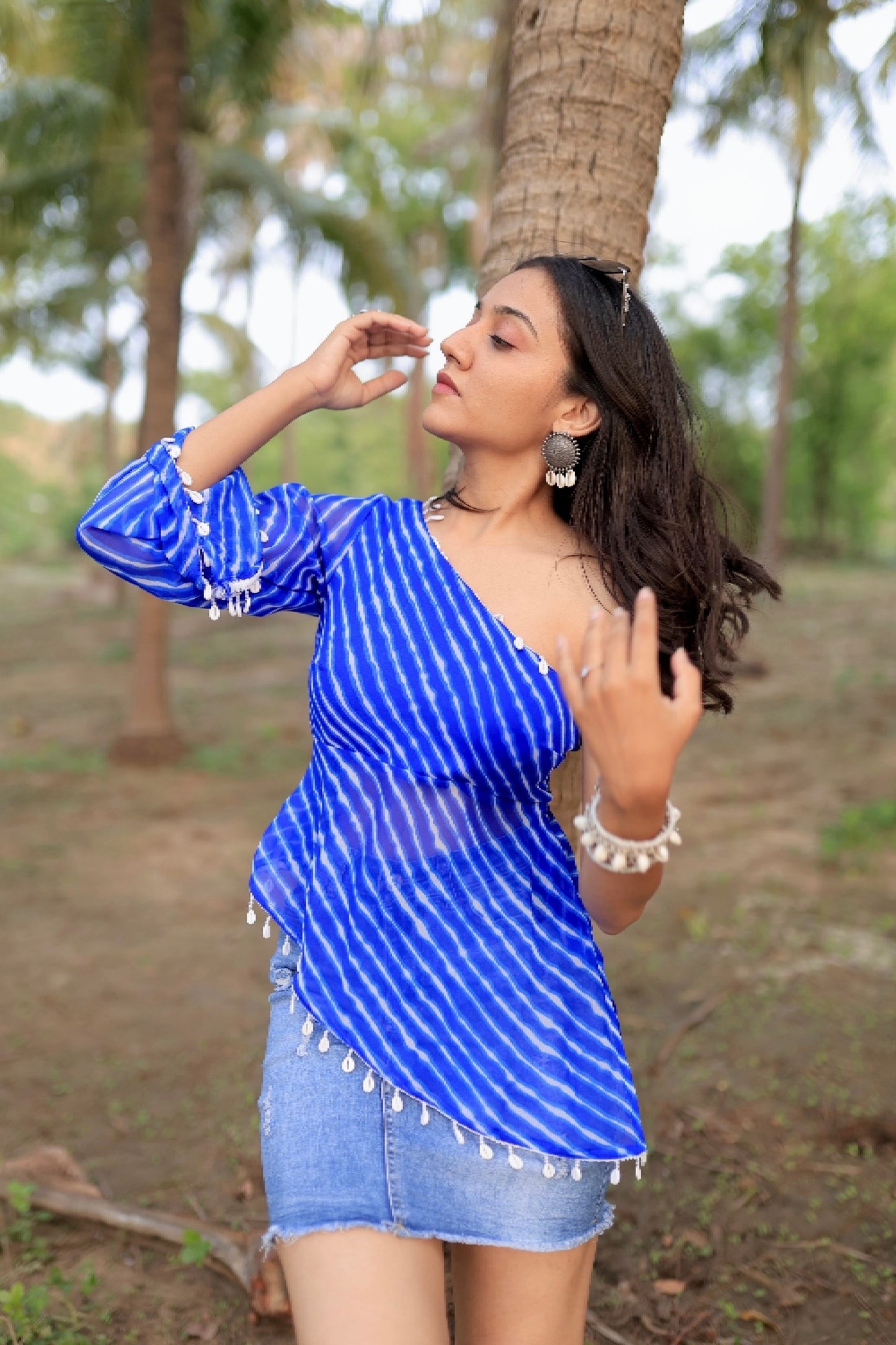 AZURA ONE SHOULDER LEHERIYA SHORT KURTI