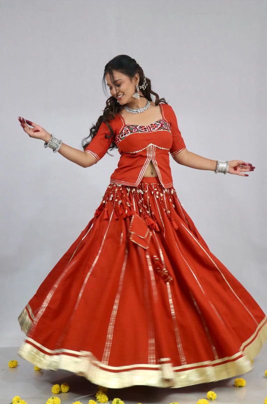Rangrez Kutchi work chaniya choli front view