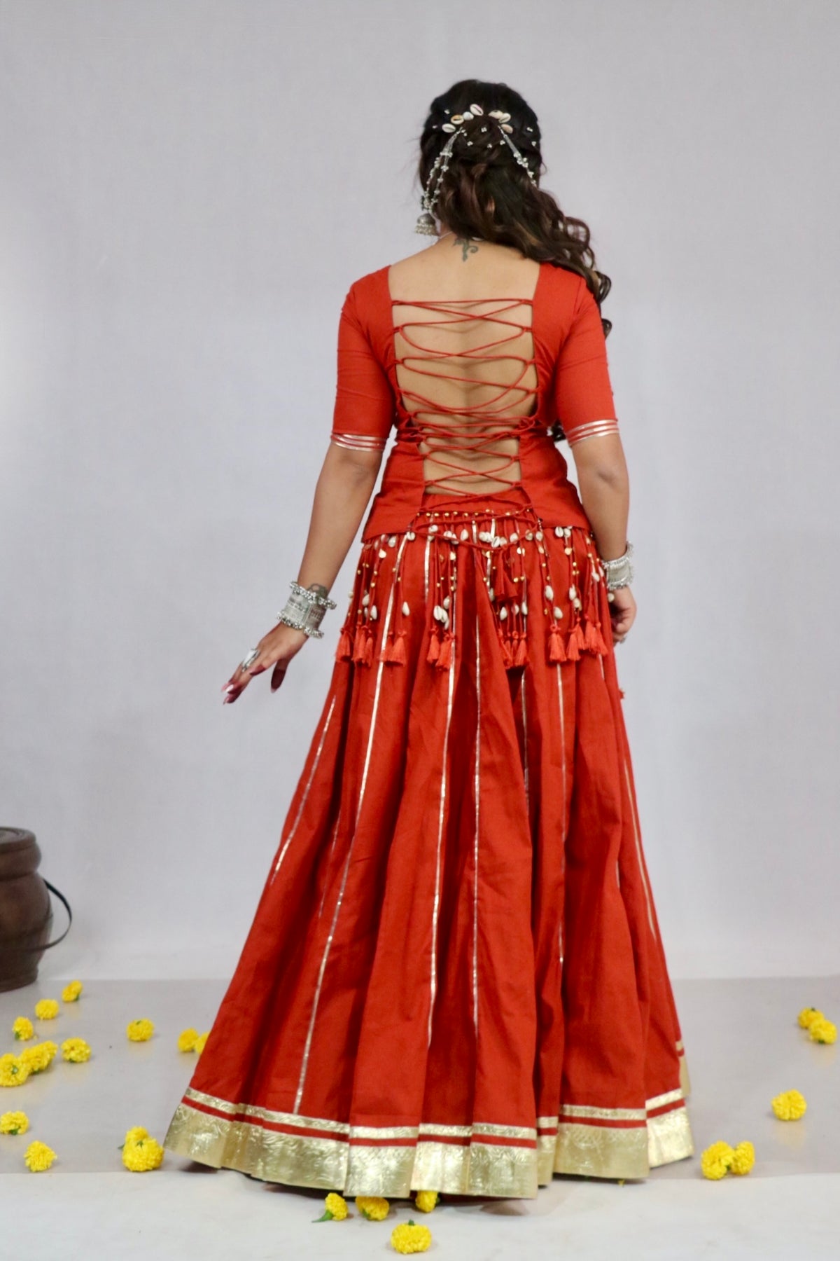 Rangrez chaniya choli detailed neckline and Kutchi work
