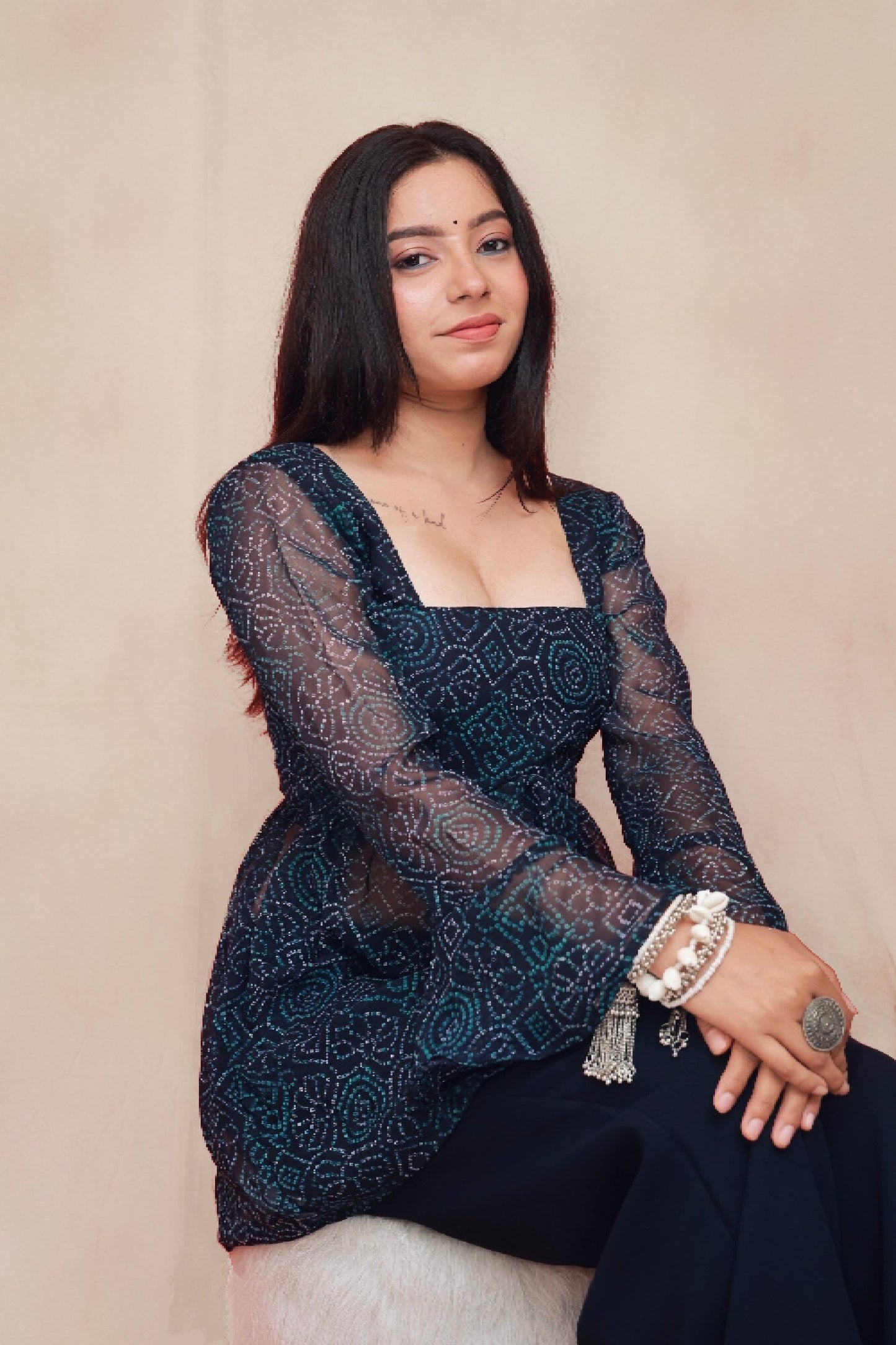 Reya Bandhani Co-ord Set in navy blue premium georgette featuring a Bandhani print Anaykaa