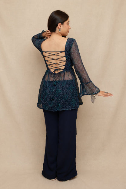 Reya Bandhani Co-ord Set in navy blue premium georgette featuring a Bandhani print Back