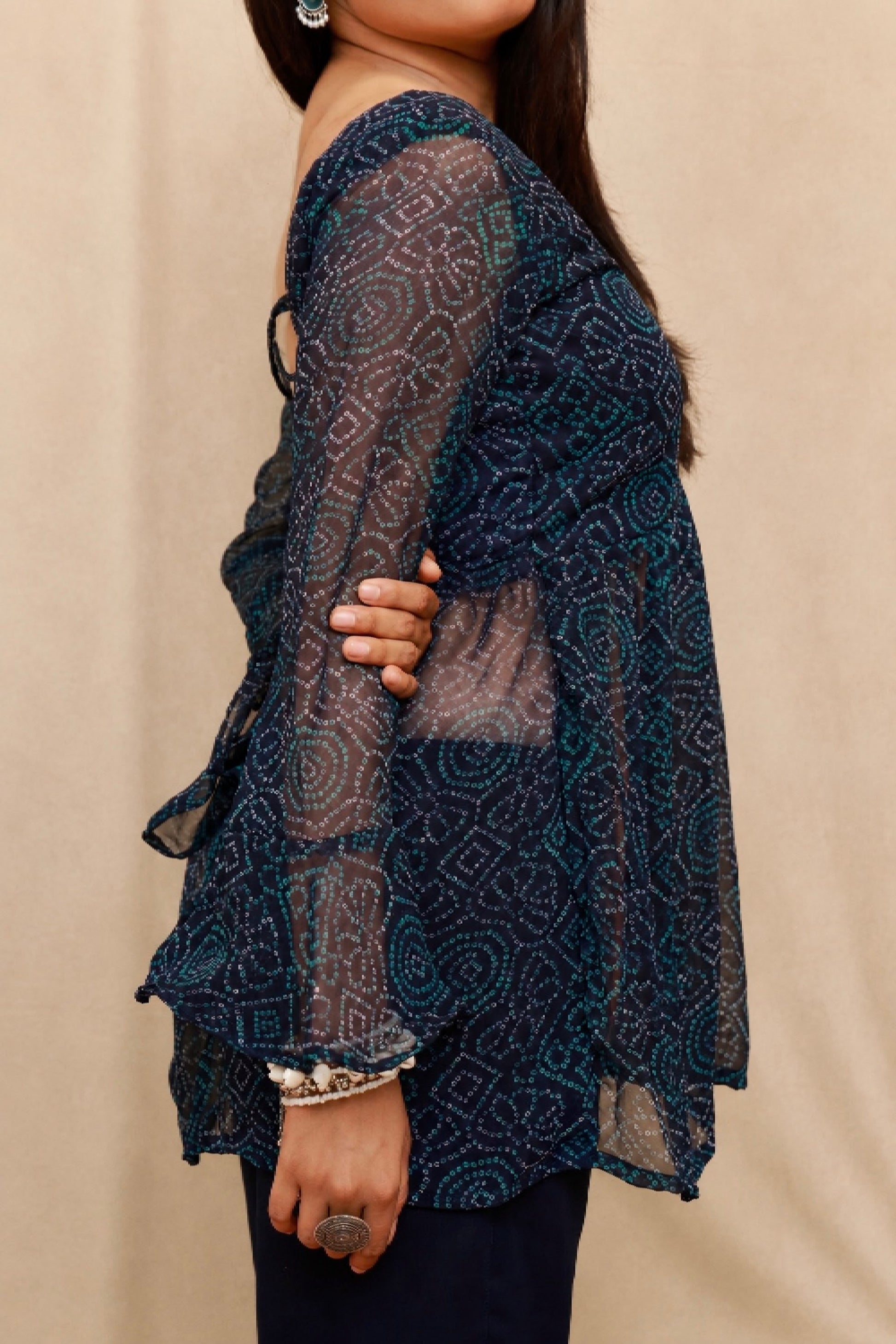 Reya Bandhani Co-ord Set in navy blue premium georgette featuring a Bandhani print Details Anaykaa