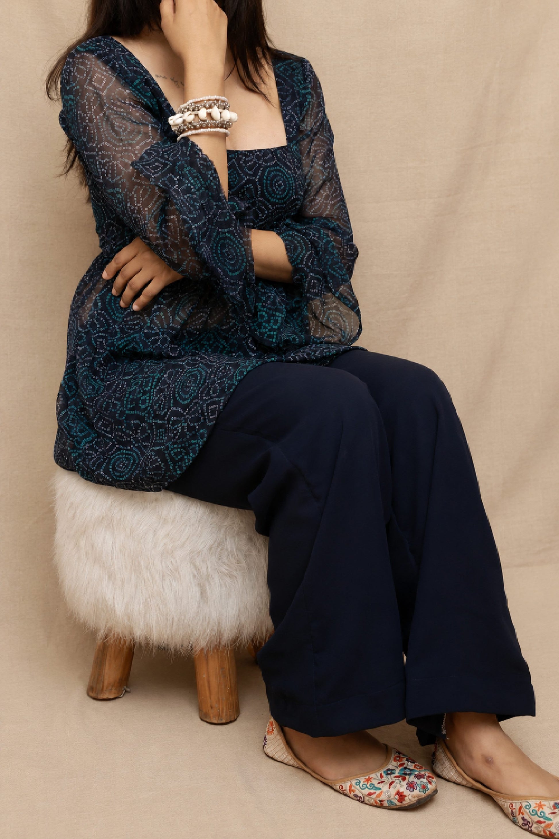 Reya Bandhani Co-ord Set in navy blue premium georgette featuring a Bandhani print Anaykaa