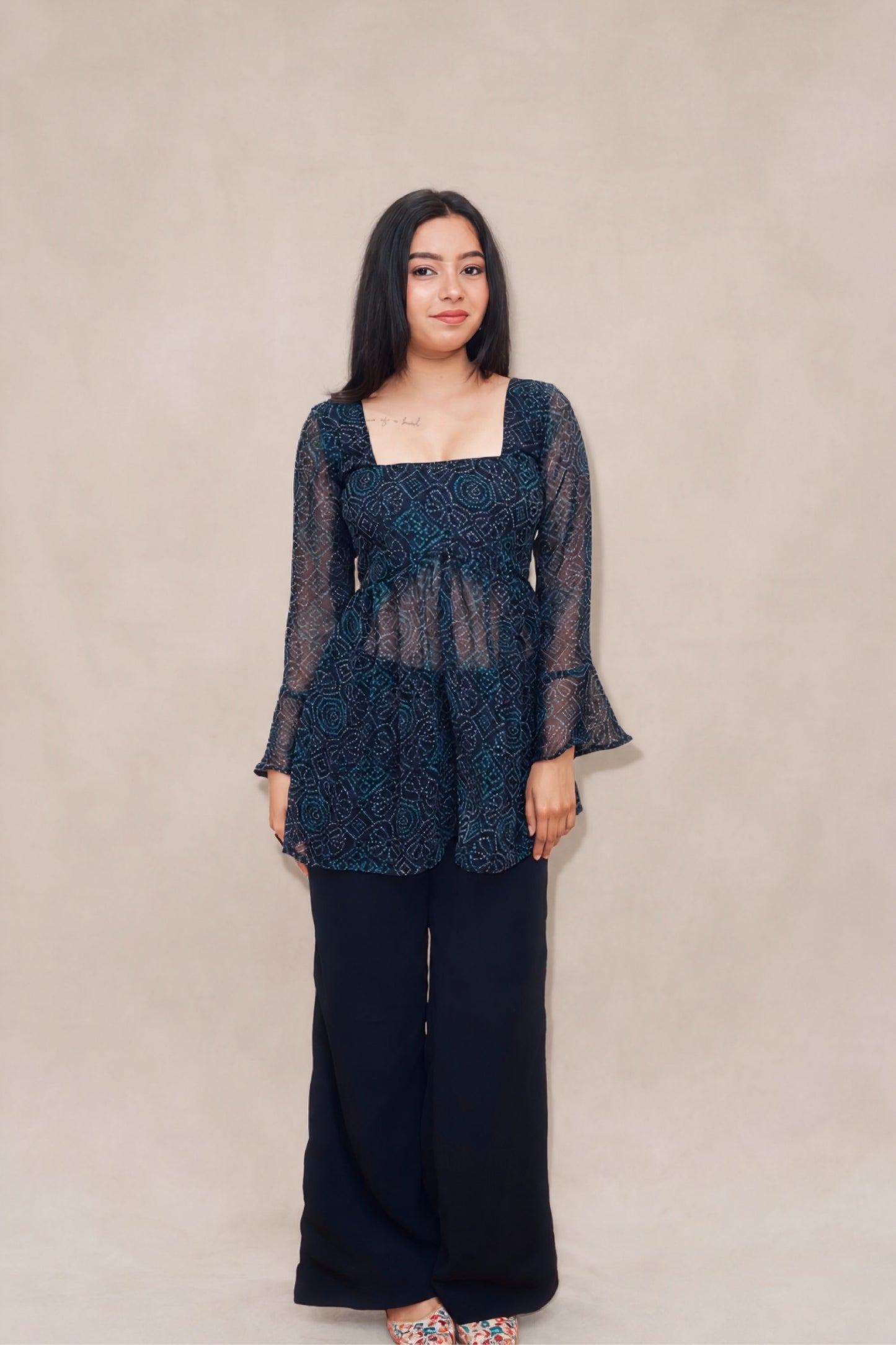 Reya Bandhani Co-ord Set in navy blue premium georgette featuring a Bandhani print