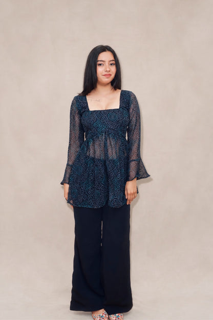 Reya Bandhani Co-ord Set in navy blue premium georgette featuring a Bandhani print