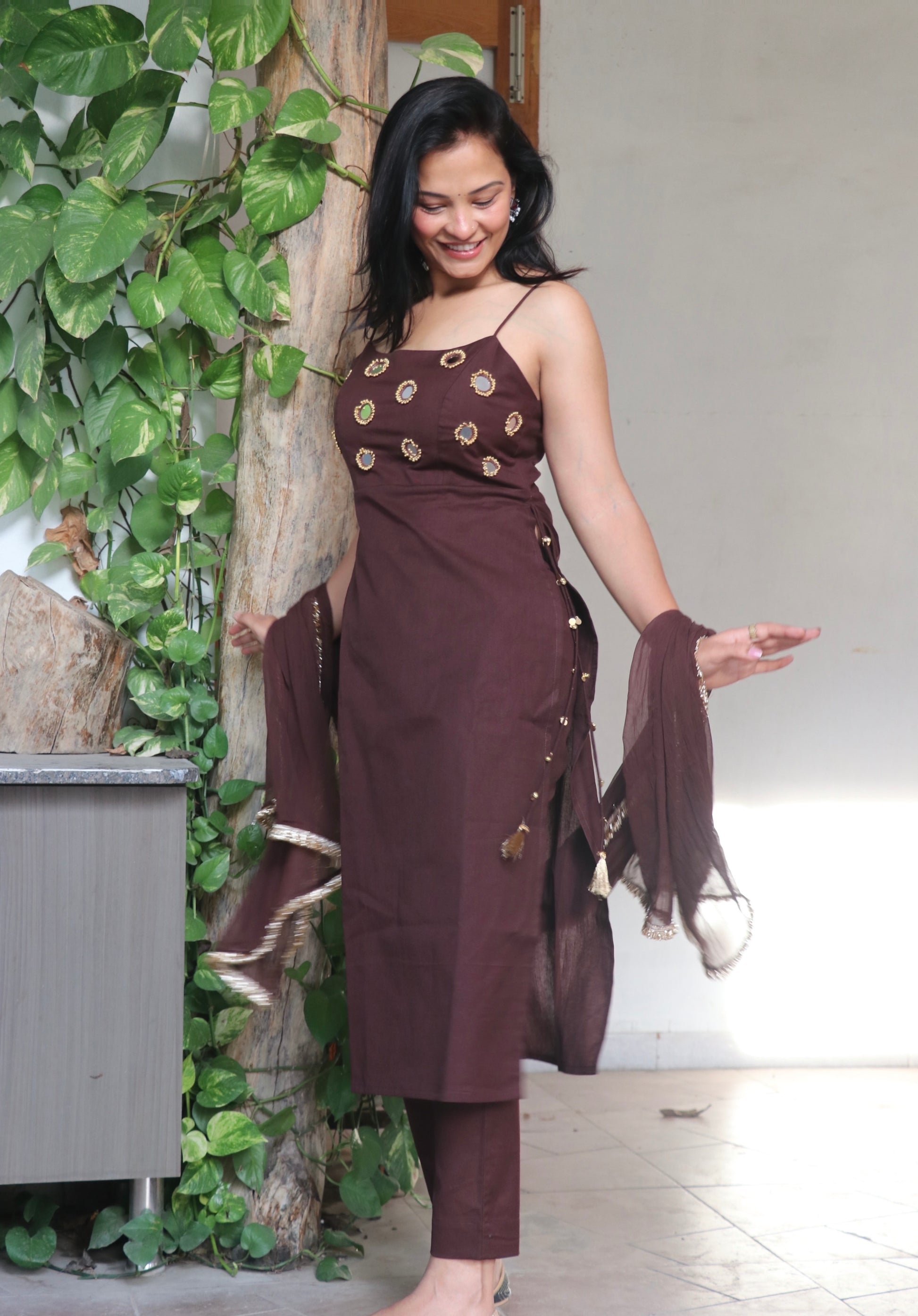 SHYA BROWN COTTON KURTA SET Side Anaykaa