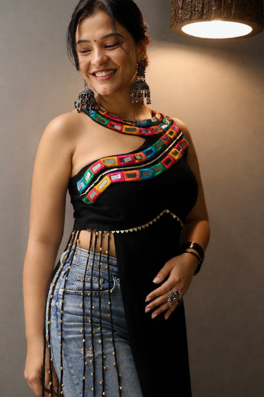 Shyama Black Navratri Kurti with Colourful Kutchi Detailing and Mirrorwork