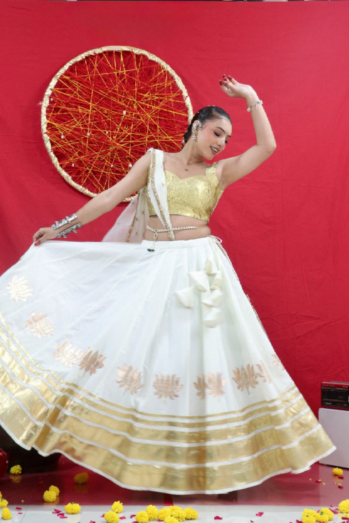 Swarnika White and Gold Cotton Chaniya Choli | Navratri Wear