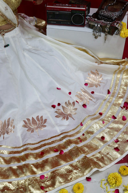Swarnika ivory white and gold cotton chaniya choli set for women