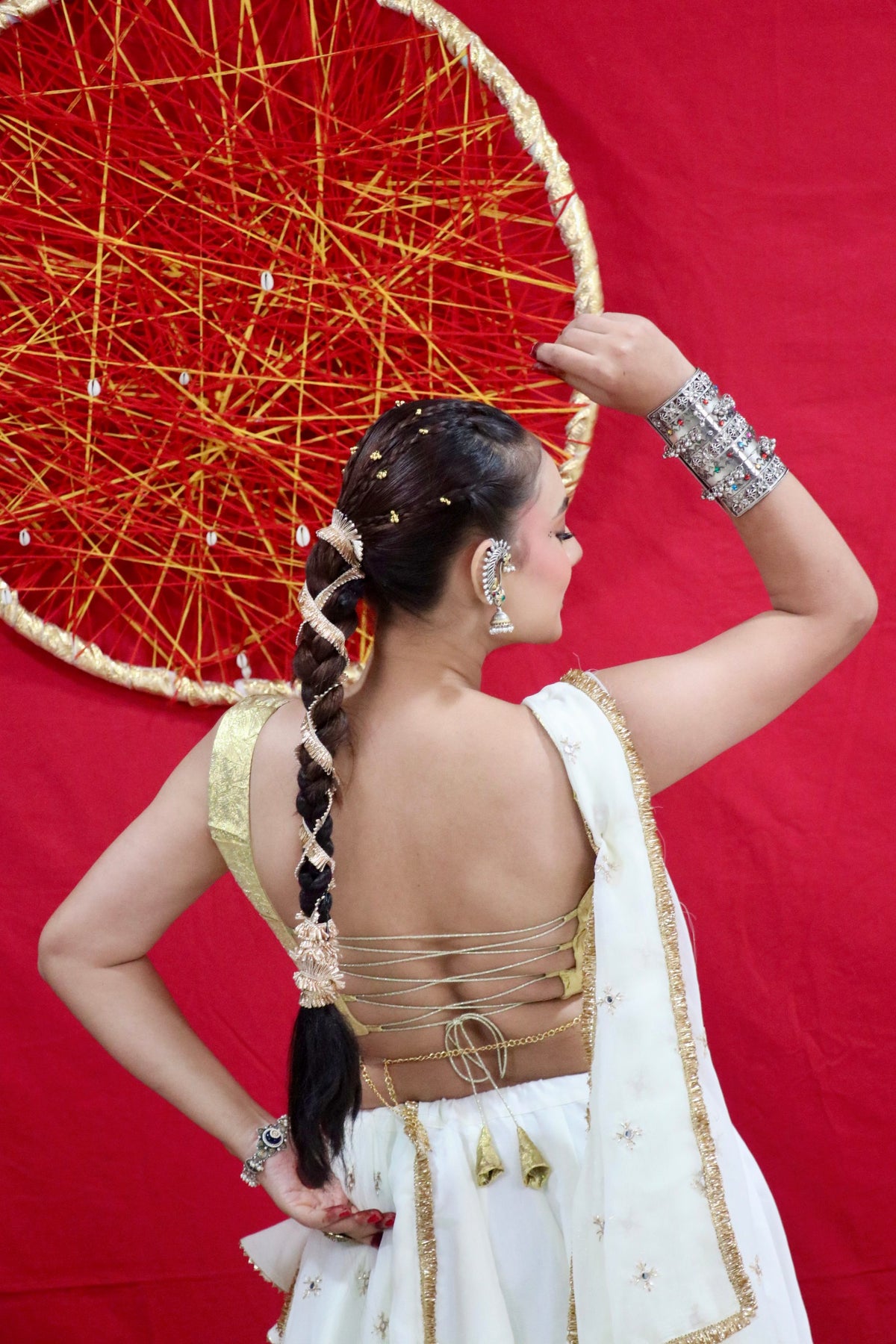 Swarnika ivory white and gold cotton chaniya choli set for women back