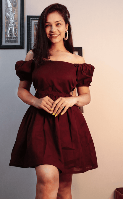 WINE COTTON WAIST CUT SHORT DRESS - StudioAnaykaa