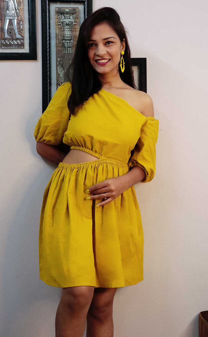 FAITH YELLOW WAIST CUT SHORT DRESS - StudioAnaykaa