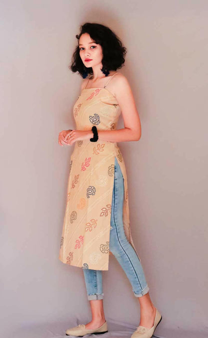 KASHA RAYON FOIL PRINT BIEGE KURTA - StudioAnaykaa