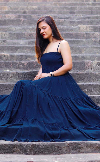 SHARF FLARED TEAL BLUE GEORGETTE DRESS - StudioAnaykaa