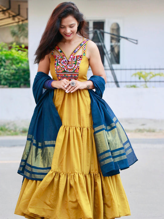 AMBER MUSTARD YELLOW KUTCHI HANDWORK LAYERED GOWN - StudioAnaykaa