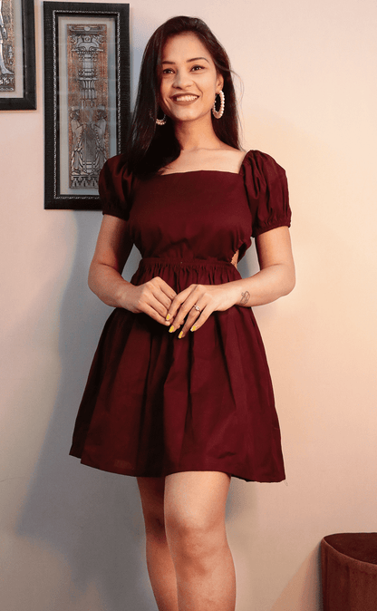 WINE COTTON WAIST CUT SHORT DRESS - StudioAnaykaa