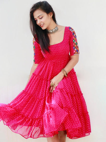 CANDY PINK KUTCHI HANDWORK LAYERED DRESS - StudioAnaykaa