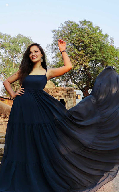SHARF FLARED TEAL BLUE GEORGETTE DRESS - StudioAnaykaa