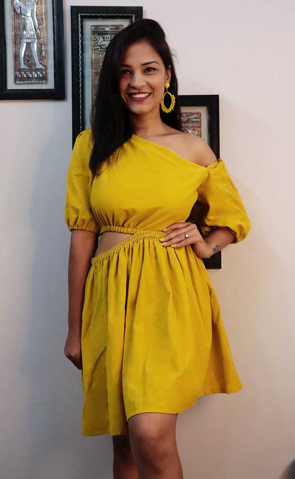 FAITH YELLOW WAIST CUT SHORT DRESS - StudioAnaykaa