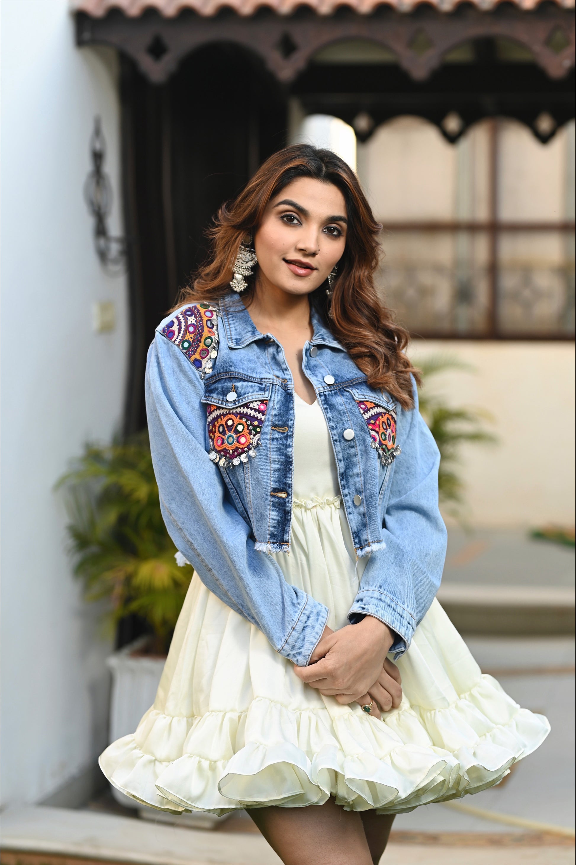 Boho Denim Ethnic Denim Jacket Hippie Style Folk Appliques Ethnic