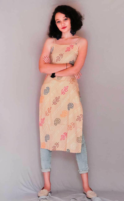KASHA RAYON FOIL PRINT BIEGE KURTA - StudioAnaykaa