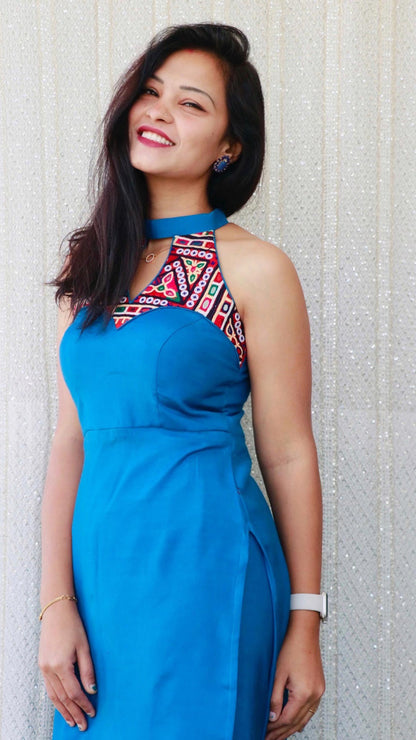 AZURE BLUE KUTCHI HANDWORK KURTA SET - StudioAnaykaa