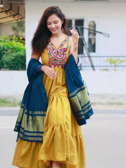 AMBER MUSTARD YELLOW KUTCHI HANDWORK LAYERED GOWN - StudioAnaykaa