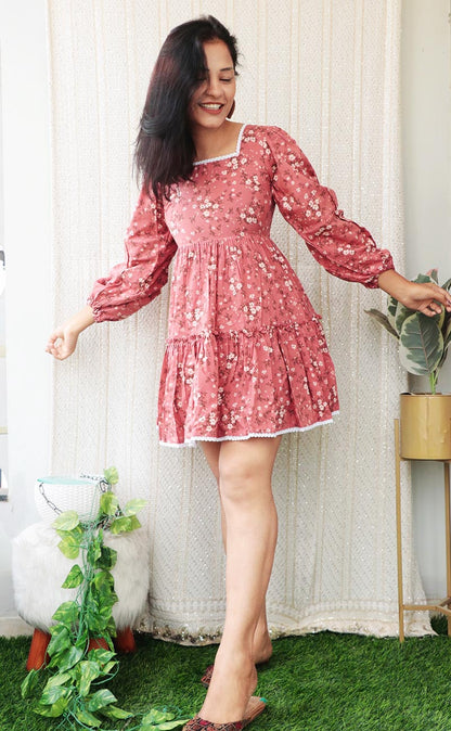 BLOSSOM PEACH FLOWER PRINT LAYERED SHORT DRESS - StudioAnaykaa