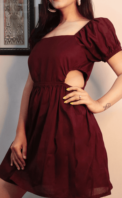 WINE COTTON WAIST CUT SHORT DRESS - StudioAnaykaa