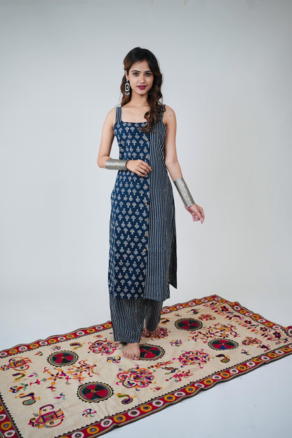 SAPPHIRE COTTON HAND BLOCK KURTA SET - StudioAnaykaa