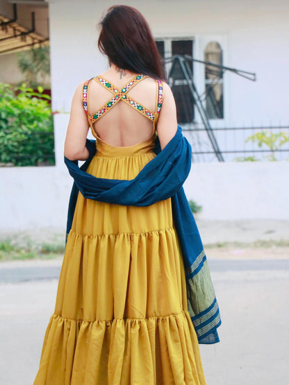 AMBER MUSTARD YELLOW KUTCHI HANDWORK LAYERED GOWN - StudioAnaykaa