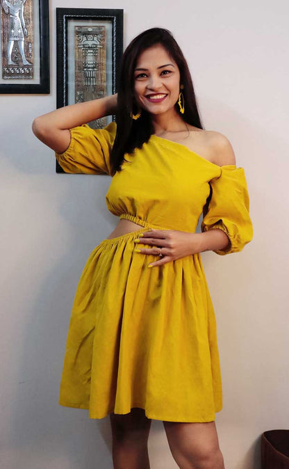 FAITH YELLOW WAIST CUT SHORT DRESS - StudioAnaykaa