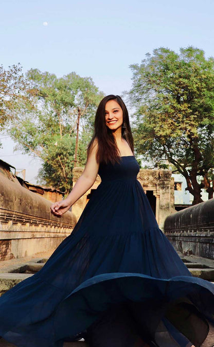 SHARF FLARED TEAL BLUE GEORGETTE DRESS - StudioAnaykaa