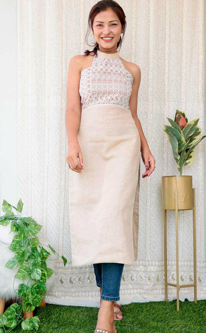 SANDY BEIGE JUTE COTTON KURTA - StudioAnaykaa