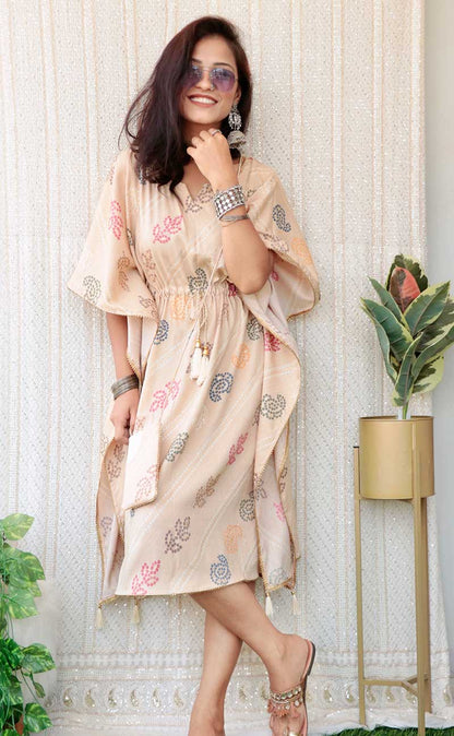 GLARE BEIGE RAYON KAFTAN DRESS - StudioAnaykaa