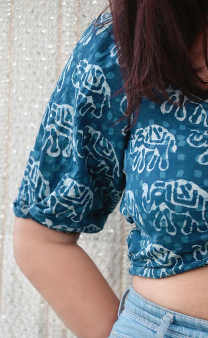 BLUE HANDBLOCK PRINT CROP TOP - StudioAnaykaa