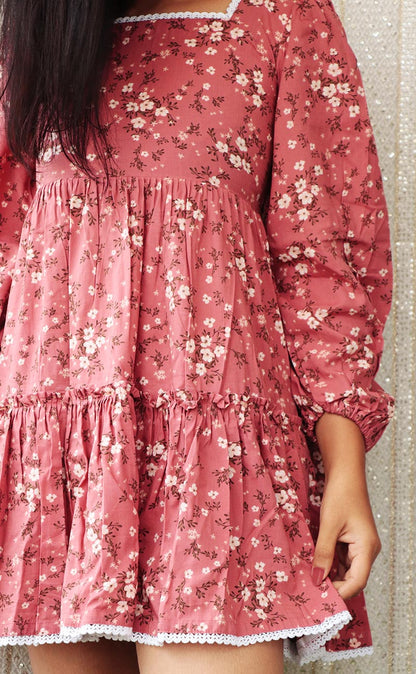 BLOSSOM PEACH FLOWER PRINT LAYERED SHORT DRESS - StudioAnaykaa