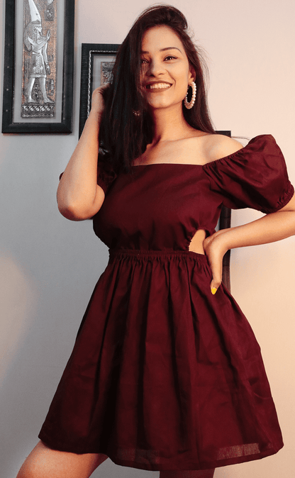 WINE COTTON WAIST CUT SHORT DRESS - StudioAnaykaa