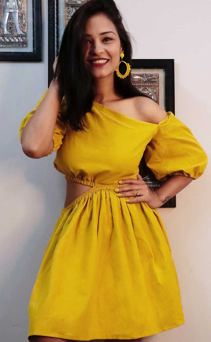 FAITH YELLOW WAIST CUT SHORT DRESS - StudioAnaykaa