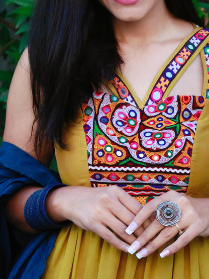 AMBER MUSTARD YELLOW KUTCHI HANDWORK LAYERED GOWN - StudioAnaykaa
