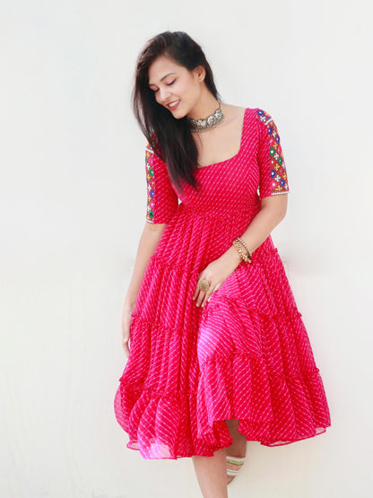 CANDY PINK KUTCHI HANDWORK LAYERED DRESS - StudioAnaykaa