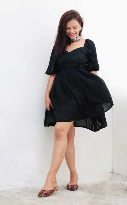 CHARCOAL BLACK NIDA SHORT DRESS - StudioAnaykaa