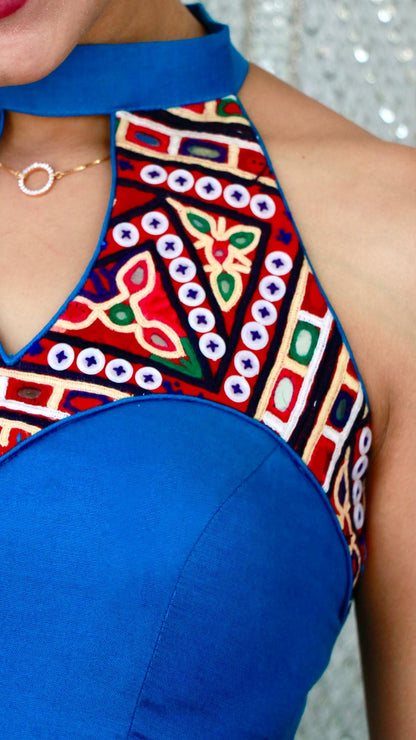 AZURE BLUE KUTCHI HANDWORK KURTA SET - StudioAnaykaa