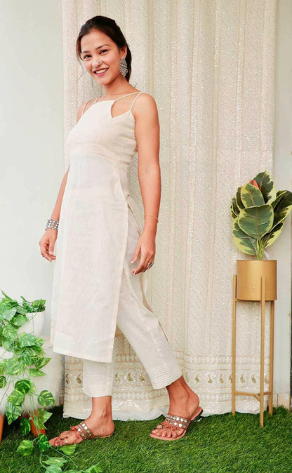 ASHEN OFFWHITE COTTON KURTA SET - StudioAnaykaa