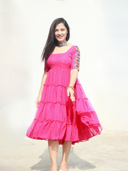 CANDY PINK KUTCHI HANDWORK LAYERED DRESS - StudioAnaykaa