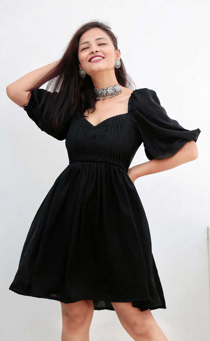 CHARCOAL BLACK NIDA SHORT DRESS - StudioAnaykaa