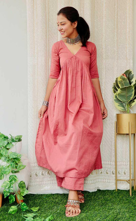 Blush Pink Cotton Kurta Set for Women in Premium Cotton with Gathered Flared Kurta and Straight Pants