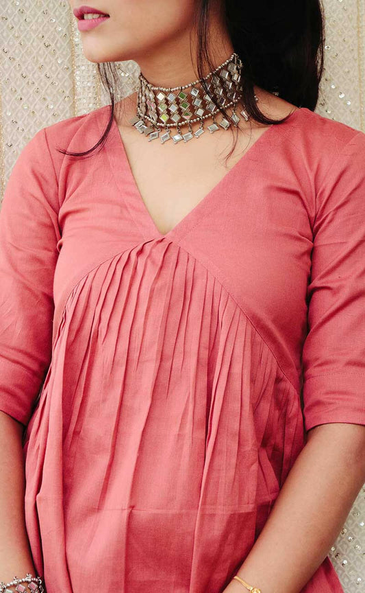 Blush Pink Cotton Kurta Set for Women in Premium Cotton with Gathered Flared Kurta Details