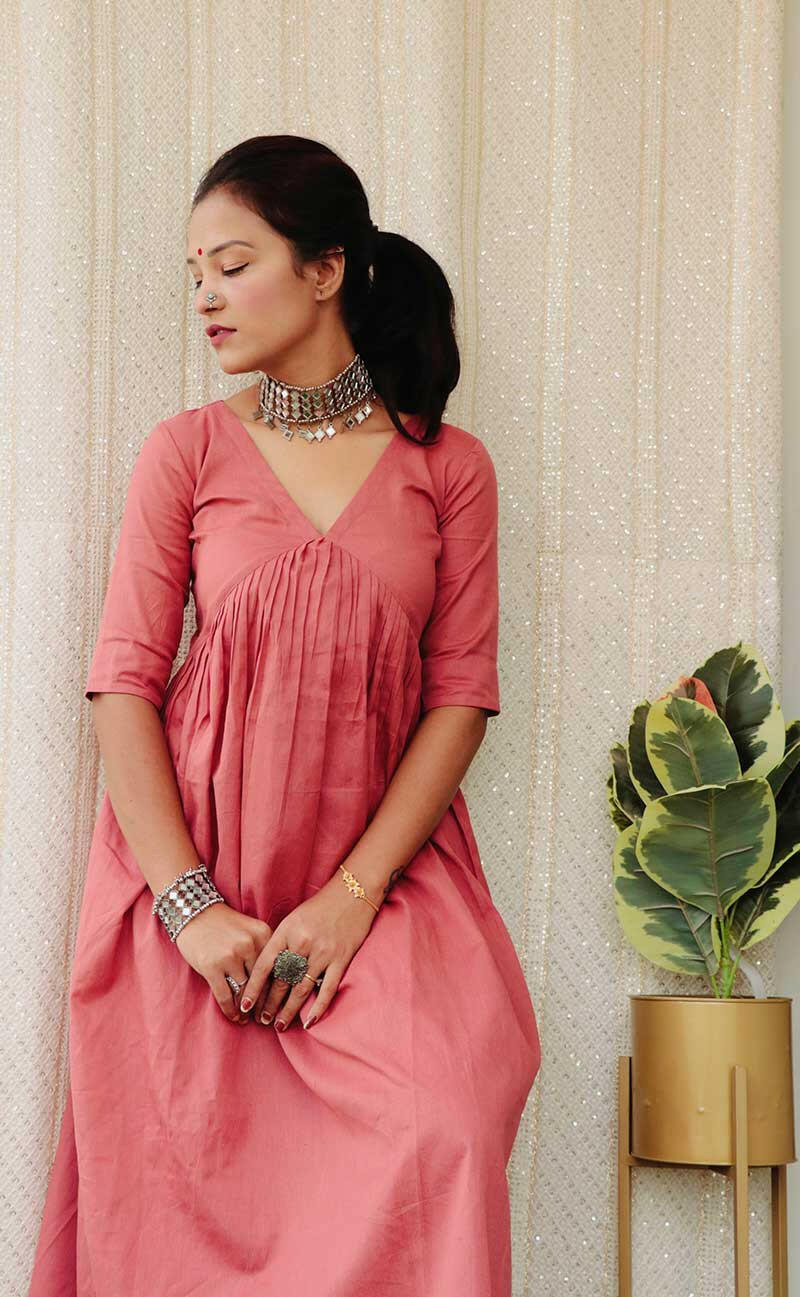 Blush Pink Cotton Kurta Set for Women in Premium Cotton with Gathered Flared Kurta and Straight Pants