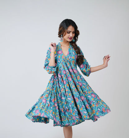 ARYA COTTON HANDBLOCK FLORAL DRESS - StudioAnaykaa
